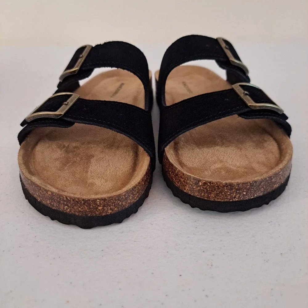 Khombu Ashville Sandals Womens 7 Black New Leather Double Buckle Slide 1221-378